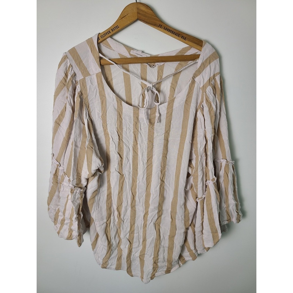 Maurices Wm Striped Bell Sleeve Blouse Tan White Boho Rayon Top XL